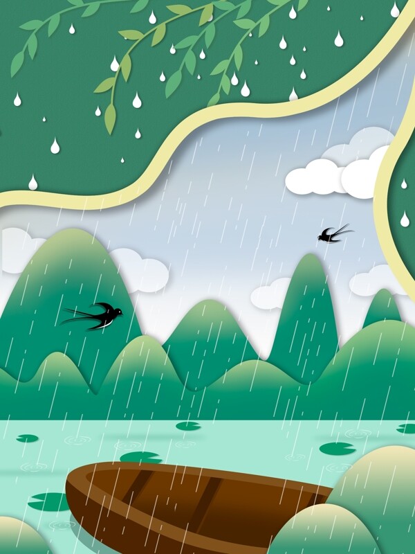 绿色雨季湖边风景插画背景