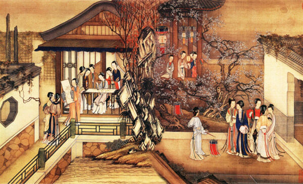 高清古代庭院仕女游玩戲耍出游國畫