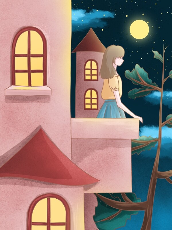 晚安世界治愈系插画夜晚站在阳台上的女孩