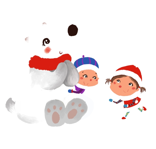 小朋友冬日堆雪人手绘卡通