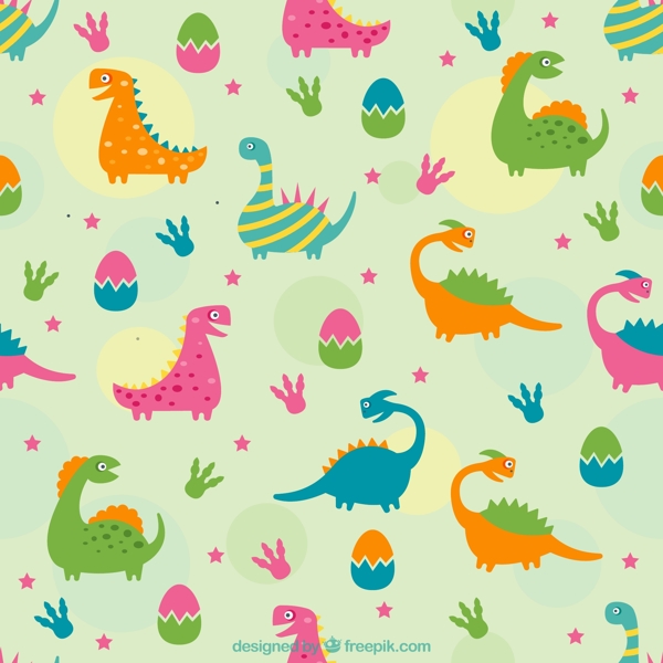彩色恐龙蛋和恐龙无缝背景矢量