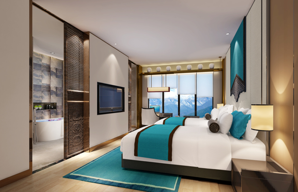 现代时尚卧室亮蓝色地毯室内装修效果图