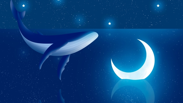 梦幻鲸鱼与月亮插画
