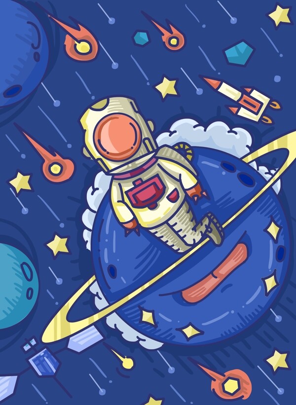 卡通涂鸦风宇航员在宇宙中插图