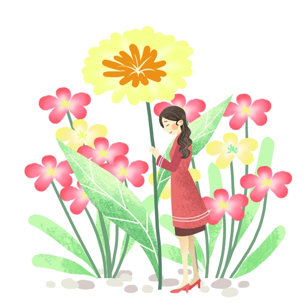 踏青女孩和鲜花插画