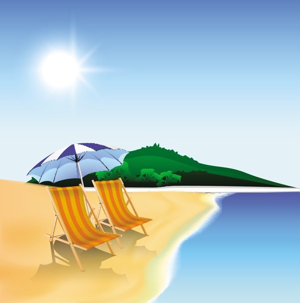 夏天的晚上背景在海边沙滩椅和雨伞