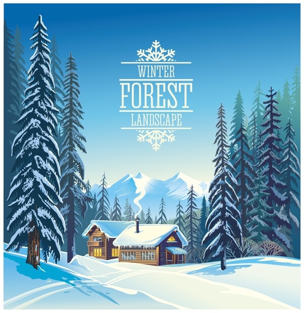 冬天森林里的小木屋插画
