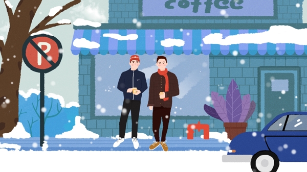 冬天你好咖啡厅前的男孩手绘插画雪景