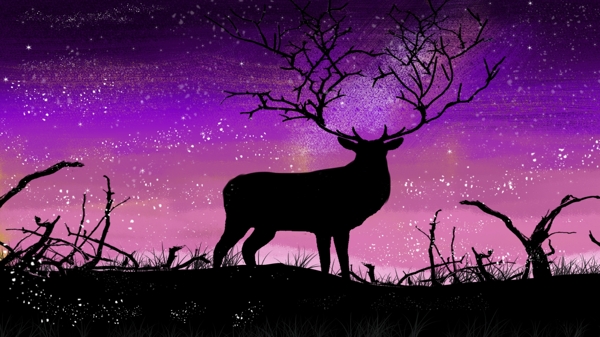 创意涂鸦风格林深见鹿星空下的鹿剪影插画