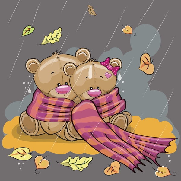 两只雨中相互取暖的小熊
