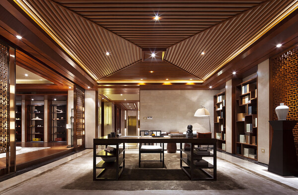 新中式时尚客厅横条纹吊顶室内装修效果图