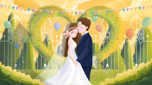 原创手绘插画浪漫婚礼季结婚现场