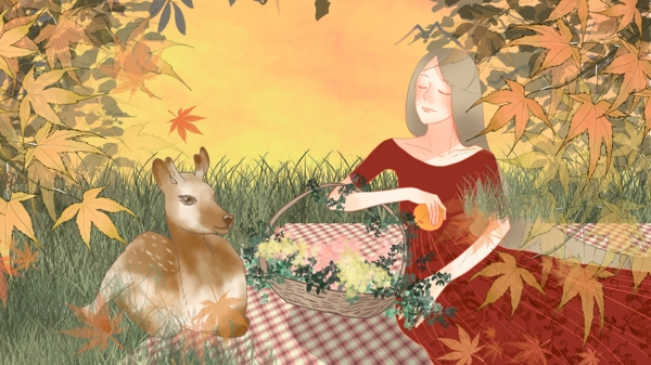 可爱清新秋天你好坐在草地上的少女和鹿