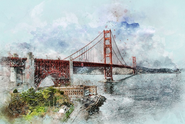 旧金山金门大桥水彩画
