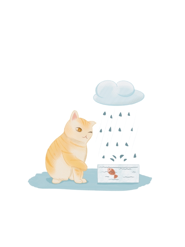 雨下的可爱小猫和小鱼