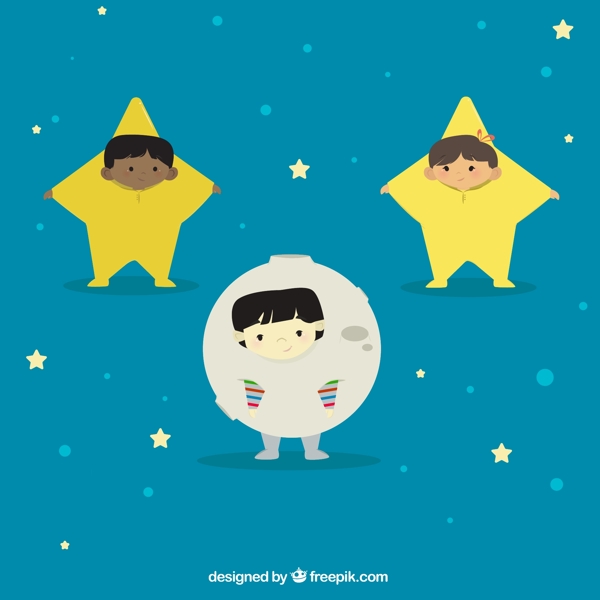 3款穿星星月亮装的儿童矢量图