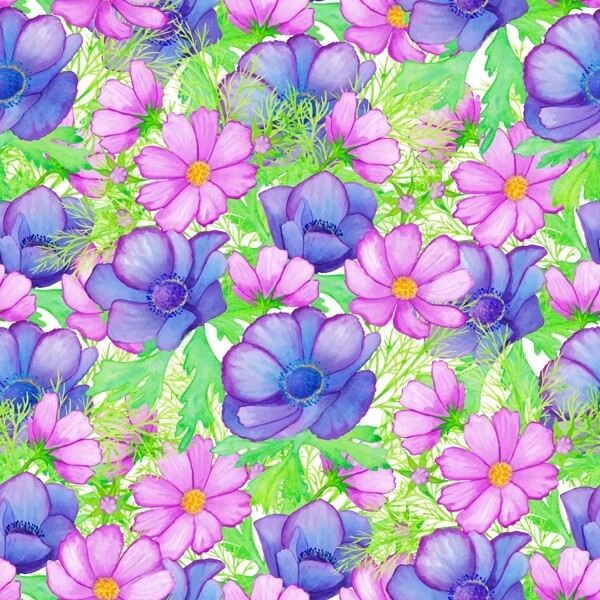花海水彩花朵树莓拼接背景图案矢量