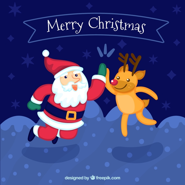 可爱拍手的圣诞老人和驯鹿