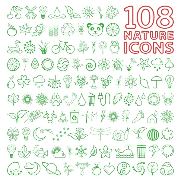 手绘线条绿色环保生态图标图片