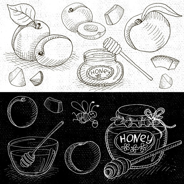 桃子黑板手绘水果调料烹饪饮食矢量合集