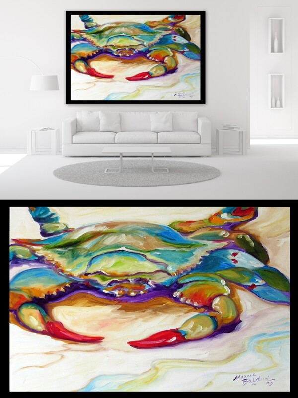 五彩的螃蟹艺术彩绘油画沙发无框装饰画