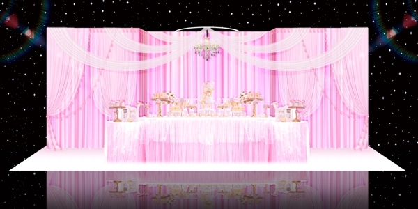粉色布幔浪漫婚礼效果图甜品区