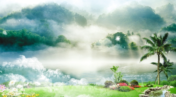 云雾缭绕山林湖泊素材背景