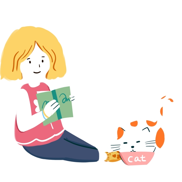 卡通可爱看书的女孩和吃饭的猫咪