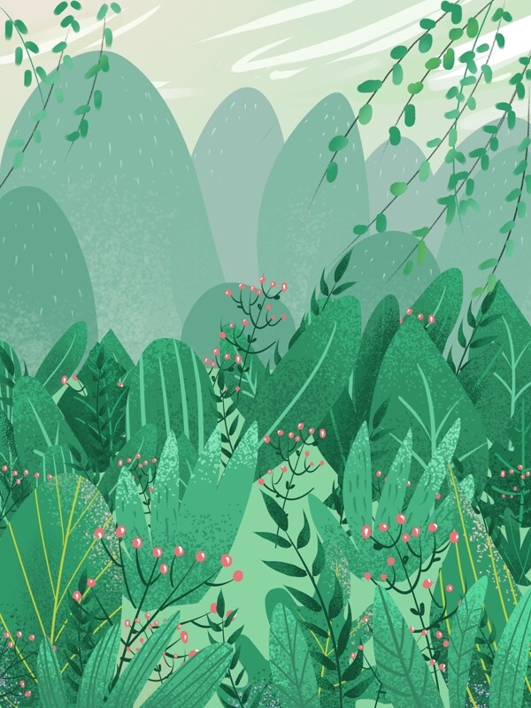 手绘春天绿色树林背景素材