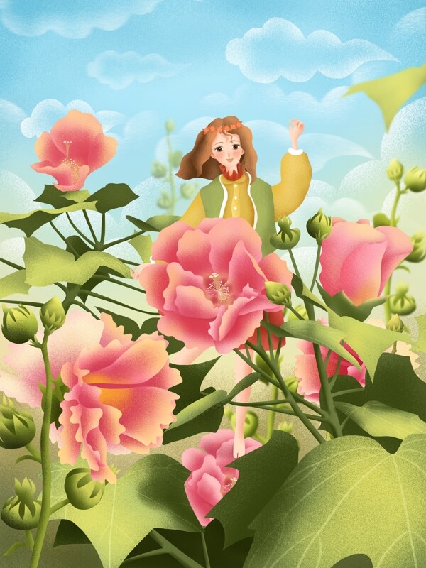 原创手绘治愈系插画唯美三月女孩与花