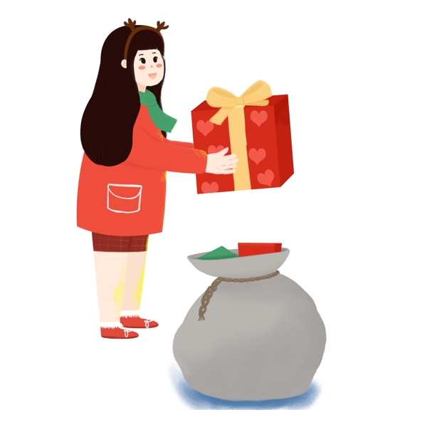 手繪扁平女孩拿著禮物盒原創(chuàng)元素