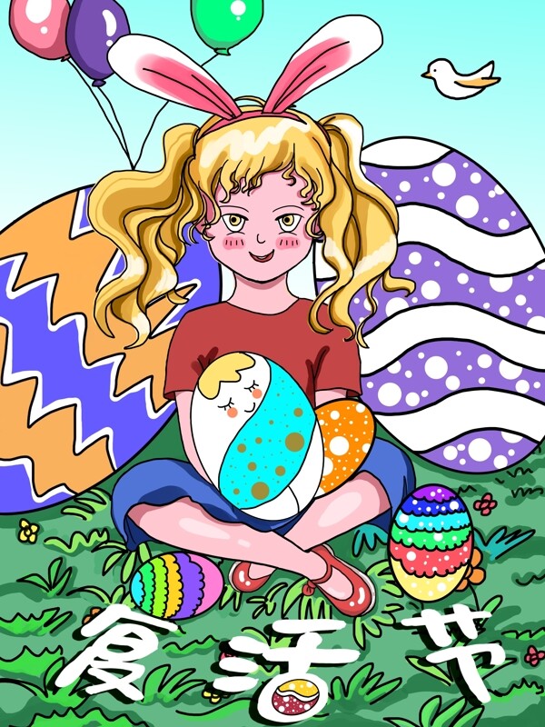 兔耳可爱女孩复活节插画