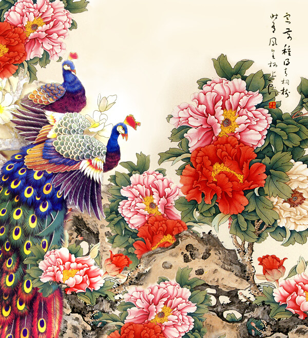 中式花瓣孔雀装饰画