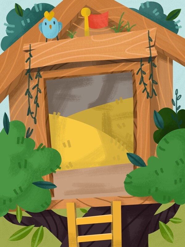 手绘夏季树林小屋背景设计