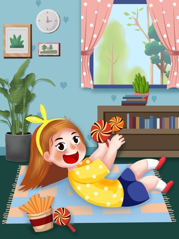 儿童节小女孩吃棒棒糖高兴躺瑜珈垫上插画