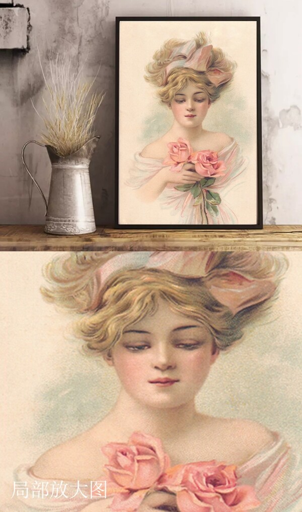 欧美复古手绘玫瑰女孩高清装饰画