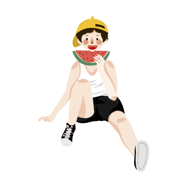 卡通夏天吃西瓜的小男孩插画设计