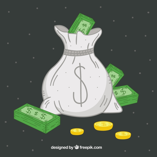 美元符號錢袋金幣鈔票黑色背景