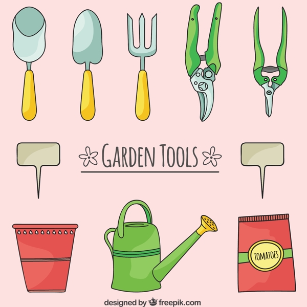 手工绘制的花园工具和浇水可以