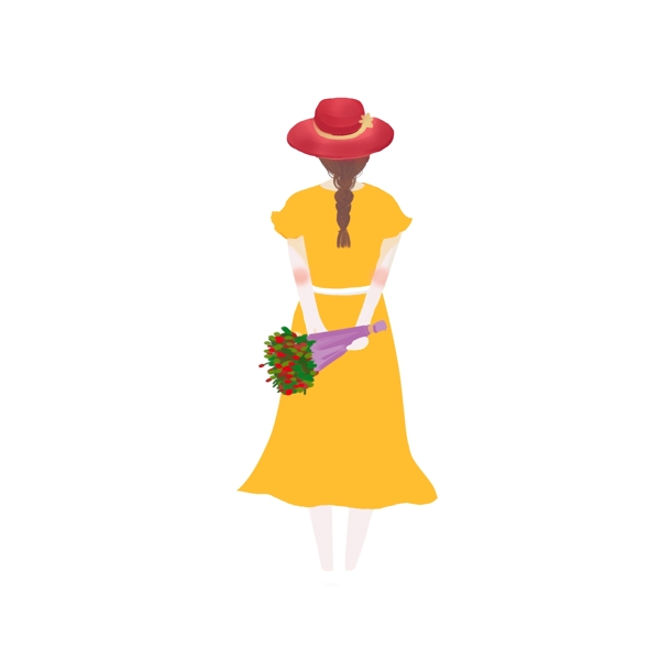 穿黄色长裙的女生卡通元素