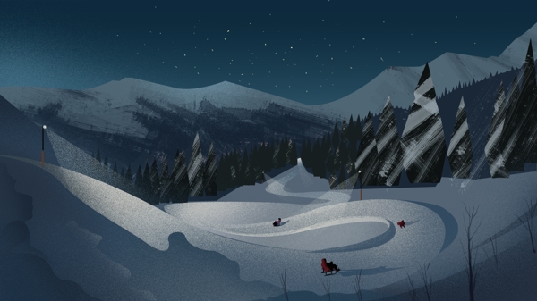原创滑雪场景肌理写实夜晚滑雪场插画