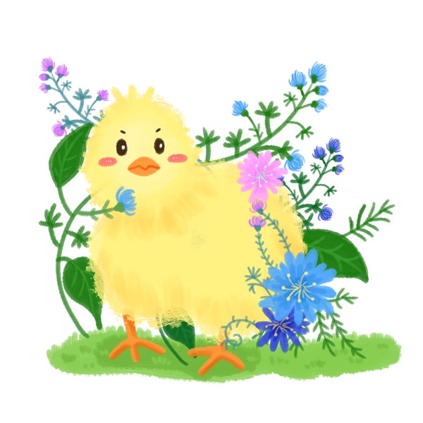 春天植物动物小鸡插画风