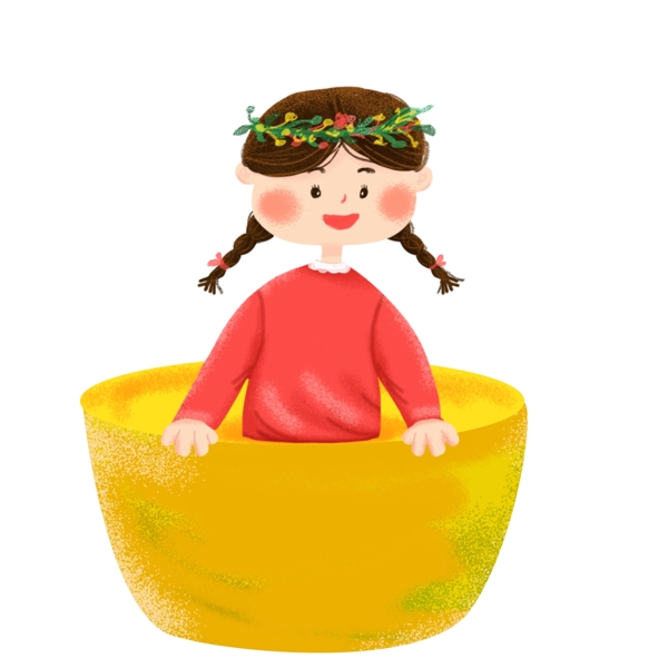 手绘可爱水盆里的女孩子插画设计