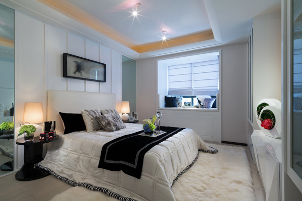 现代简约卧室白色毛地毯室内装修效果图