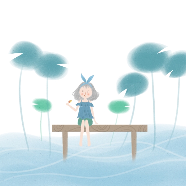 池塘乘凉吃雪糕的女孩夏季梦幻主题插画