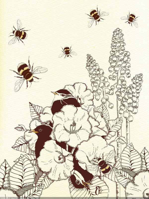 卡通花丛蜜蜂图片