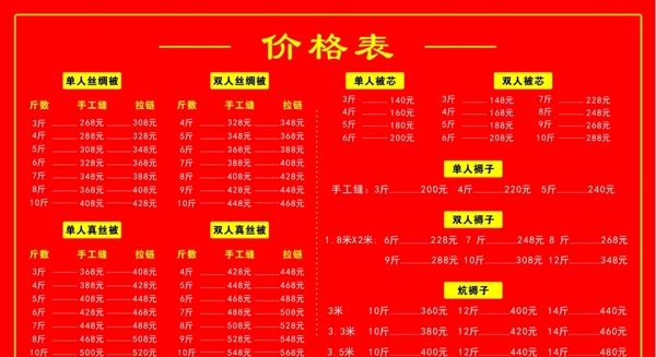 價(jià)格表圖片