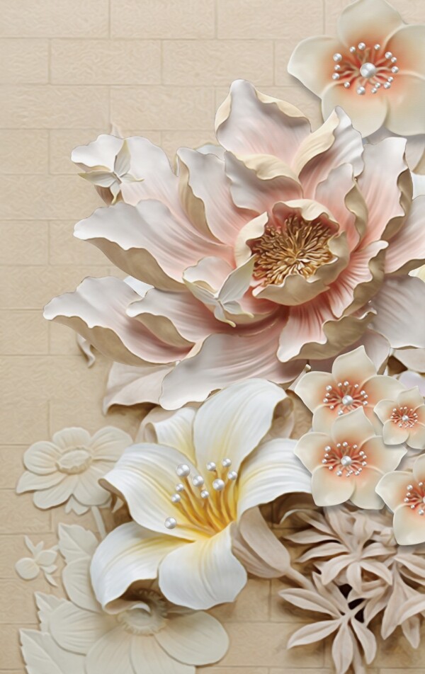 立體花朵中式玄關(guān)屏風(fēng)背景底紋素