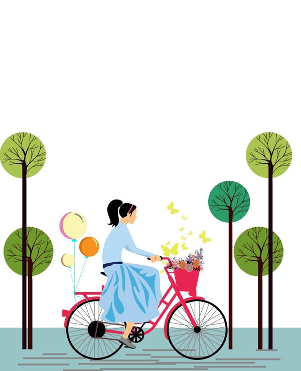 手绘卡通可爱的骑自行车的女生矢量图