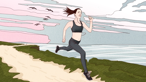 原创正在跑步运动中的少女手绘插画